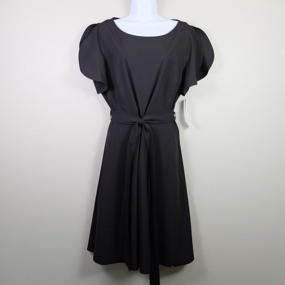 Calvin Klein Black Fit and Flare Flutter Sleeve Tie Waist Midi Dress Size 16 NWT